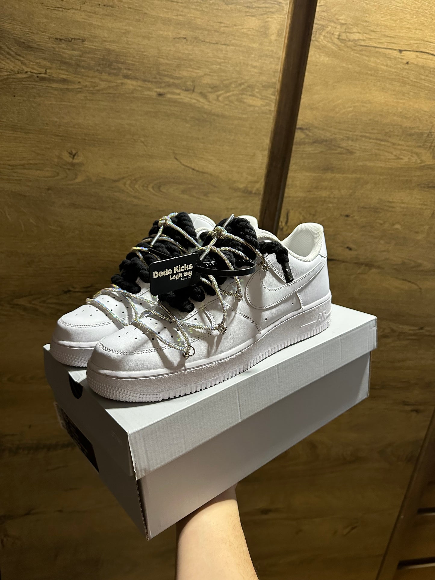 double rope lace Air Force 1 black white crystal