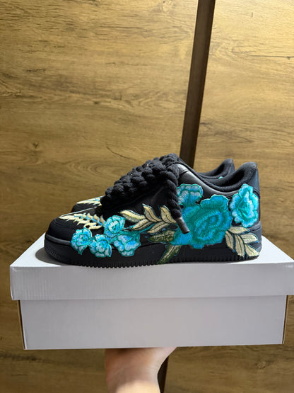 Nike Air Force 1 Black "DOUBLE ROSE CYAN ROPELACE”