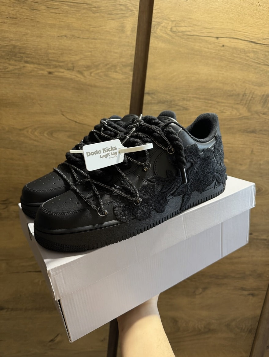 Nike Air Force 1 Black "ROSE BLACK ROPELACE CRYSTAL LACE”